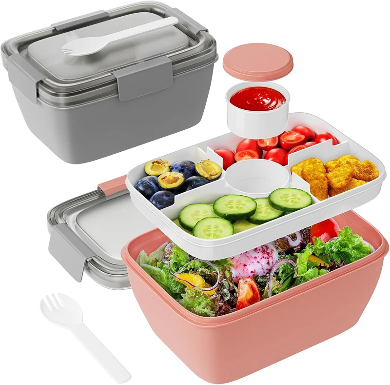 Freshmage Salad Container for Lunch, 2 Packs 68oz Large Salad Bowls with 4 Compartments, Salad Dressings Container for Salad Toppings, Snacks, Men, Women (Gray+Pink)