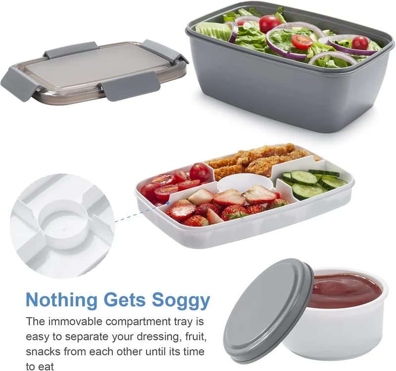 Freshmage Salad Lunch Container To Go, 68-oz Grey-XL, Leak-proof Lid, 4 Compartments, Sauce Container, Safe Material, Easy Carry