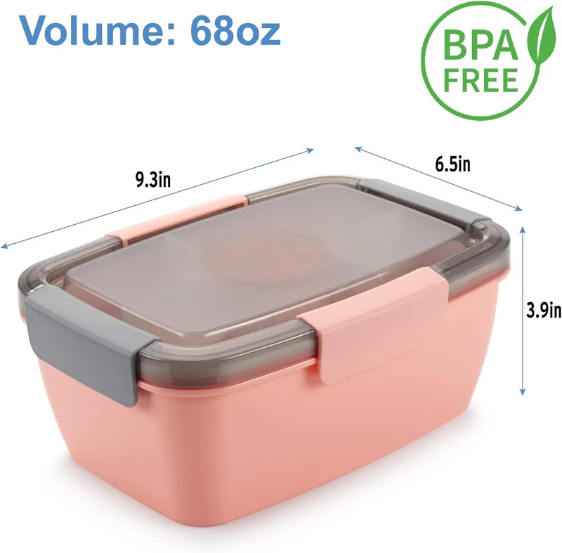 Freshmage Salad Lunch Container To Go, 68-oz Bowls with 4 Compartments, Dressing Container for Toppings, Snacks, Men, Women (Pink-XL)