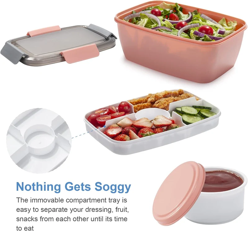 Freshmage Salad Lunch Container To Go, 68-oz Bowls with 4 Compartments, Dressing Container for Toppings, Snacks, Men, Women (Pink-XL)