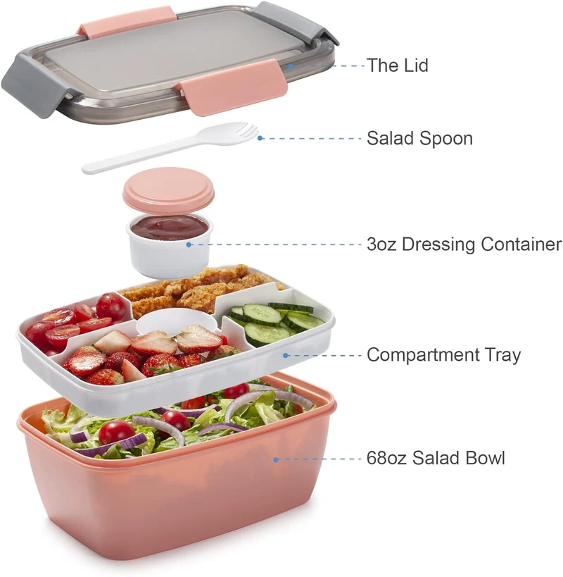 Freshmage Salad Lunch Container To Go, 68-oz Bowls with 4 Compartments, Dressing Container for Toppings, Snacks, Men, Women (Pink-XL)