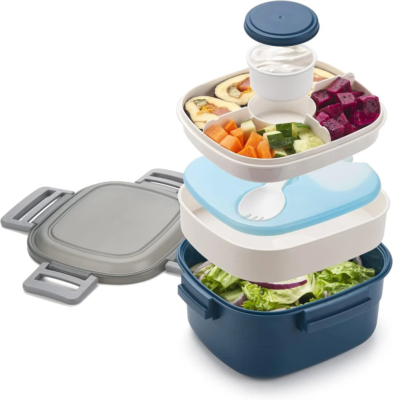 Freshmage Salad Container for Lunch with Ice Pack, Leakproof BPA-Free 52-oz with 4 Compartments, Salad Lunch Container for Men, Women (Blue+Ice Pack)