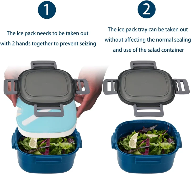 Freshmage Salad Container for Lunch with Ice Pack, Leakproof BPA-Free 52-oz with 4 Compartments, Salad Lunch Container for Men, Women (Blue+Ice Pack)