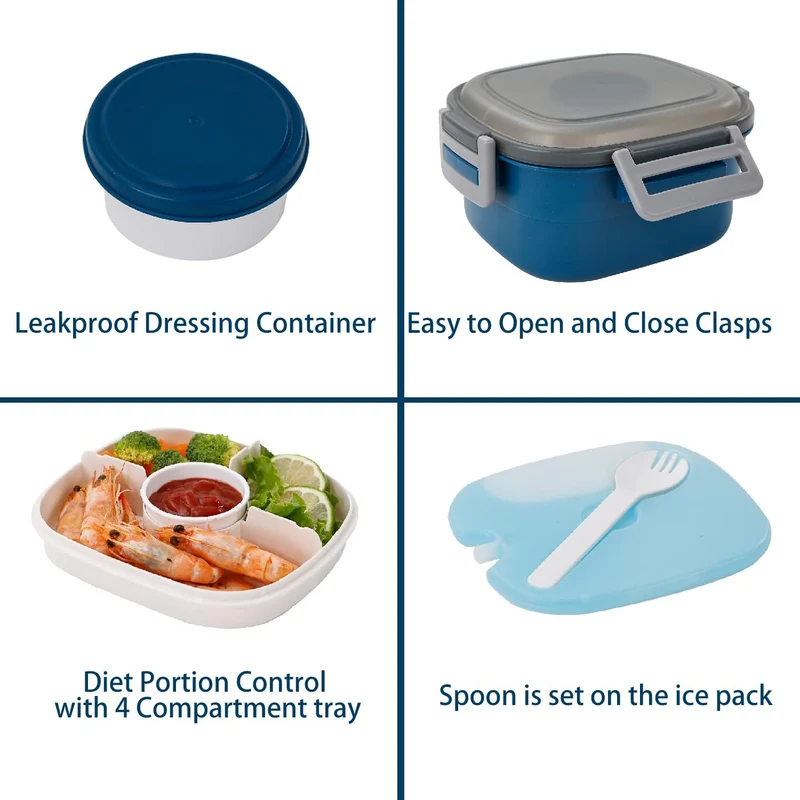 Freshmage Salad Container for Lunch with Ice Pack, Leakproof BPA-Free 52-oz with 4 Compartments, Salad Lunch Container for Men, Women (Blue+Ice Pack)