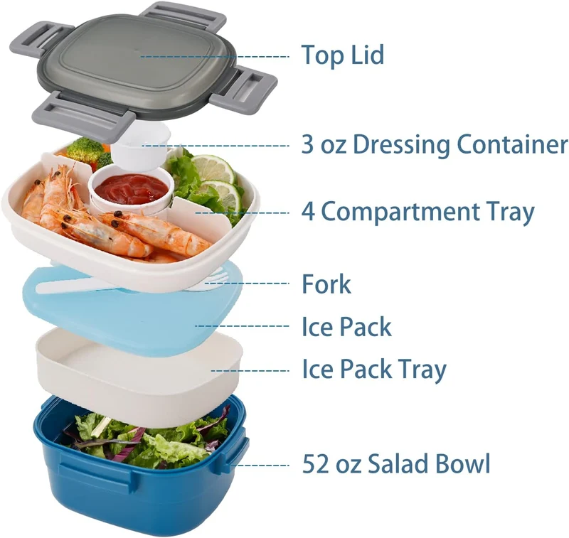 Freshmage Salad Container for Lunch with Ice Pack, Leakproof BPA-Free 52-oz with 4 Compartments, Salad Lunch Container for Men, Women (Blue+Ice Pack)