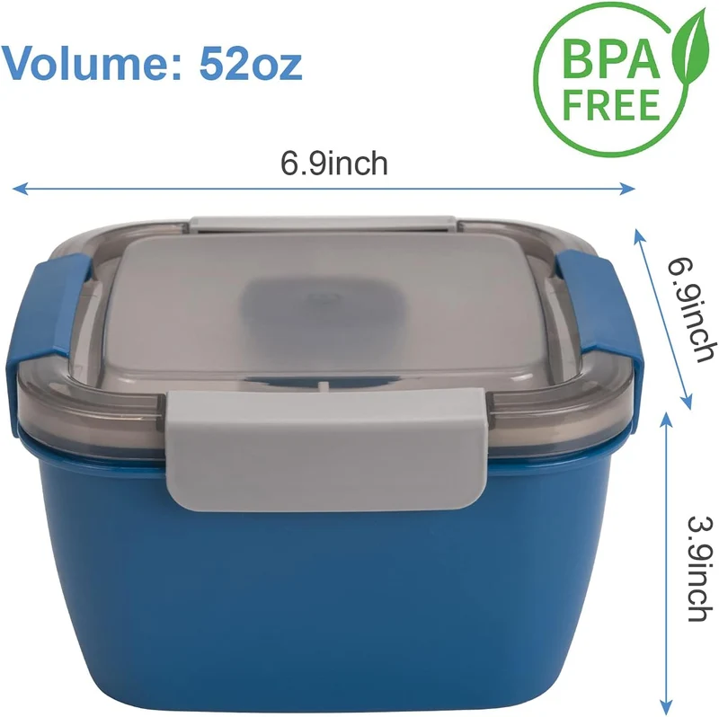 Freshmage Salad Lunch Container To Go, 2 Packs 52-oz Salad Bowls with 3 Compartments, Salad Dressings Container for Salad Toppings, Snacks, Men, Women (Blue+Green)
