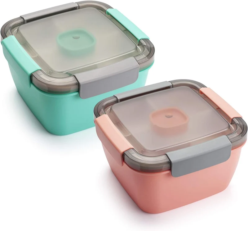 Freshmage Salad Lunch Containers To Go, 2 Pack 52-oz Bowls with 3 Compartments, Dressing Containers for Toppings, Snacks - Pink & Green