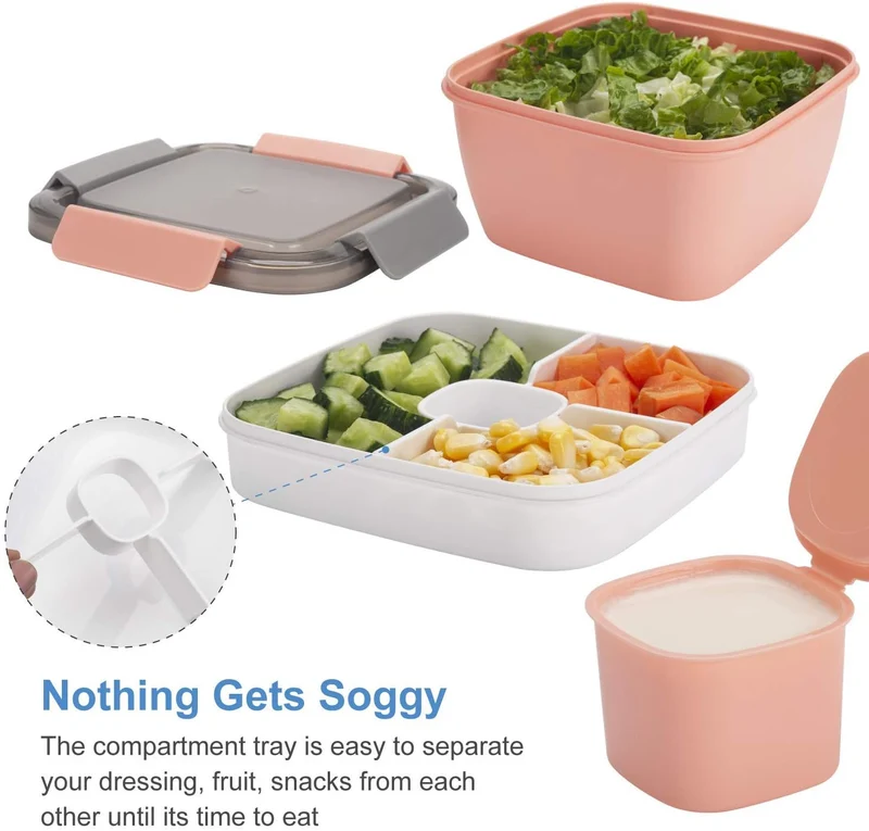 Freshmage Salad Lunch Containers To Go, 2 Pack 52-oz Bowls with 3 Compartments, Dressing Containers for Toppings, Snacks - Pink & Green