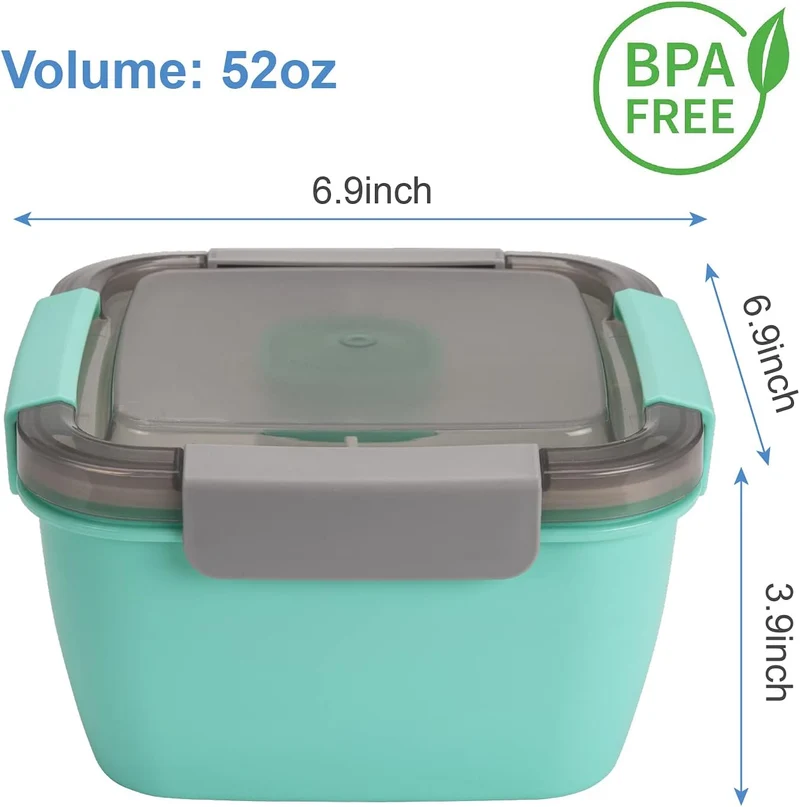Freshmage 52-oz Lunch Container To Go - Salad Bowl With 3 Compartments and Dressing Container for Toppings, Snacks - for Men, Women (Green)