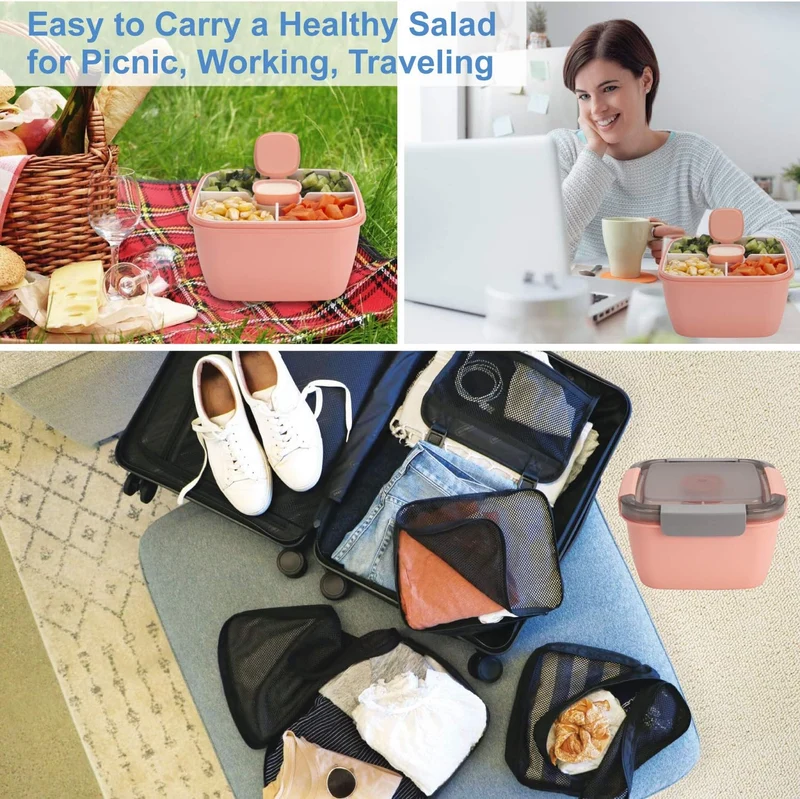 Freshmage Salad Lunch Container To Go, 52-oz Bowls with 3 Compartments, Dressing Container for Toppings, Snacks, Men, Women (Pink)