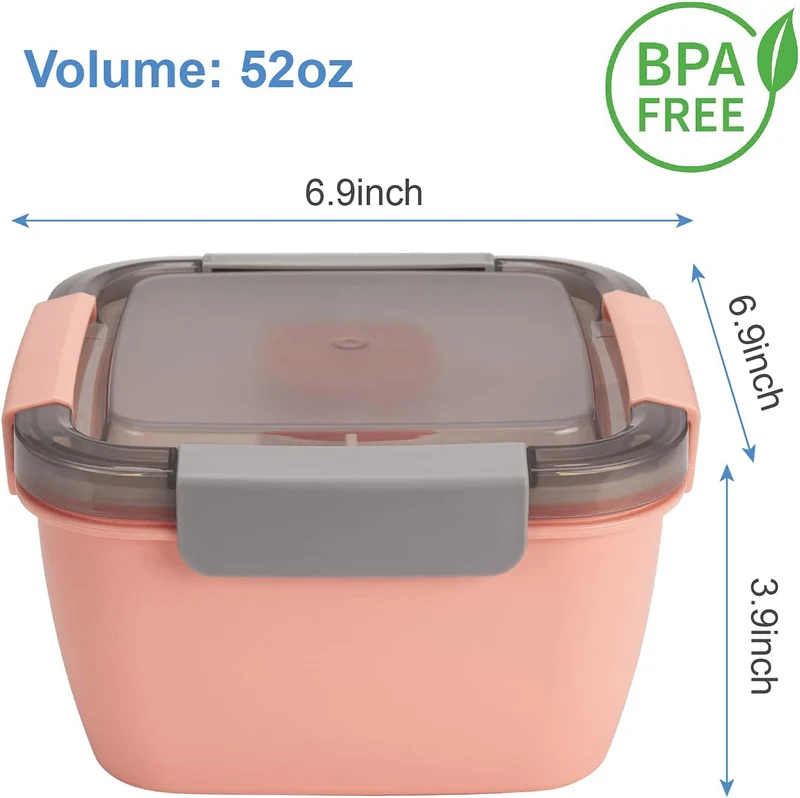 Freshmage Salad Lunch Container To Go, 52-oz Bowls with 3 Compartments, Dressing Container for Toppings, Snacks, Men, Women (Pink)