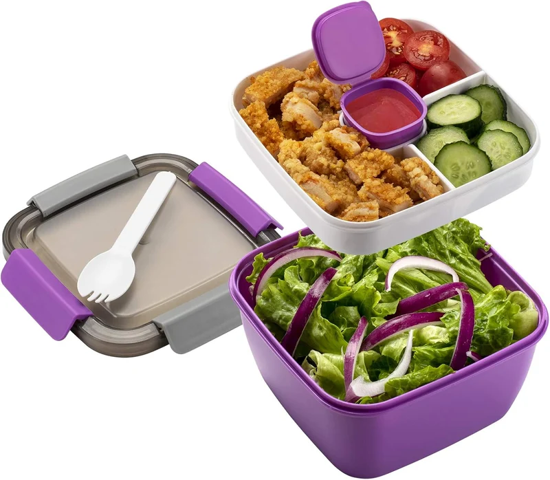 Freshmage 52-oz Lunch Container To Go - Salad Bowl With 3 Compartments and Dressing Container for Toppings, Snacks - for Men, Women (Purple)