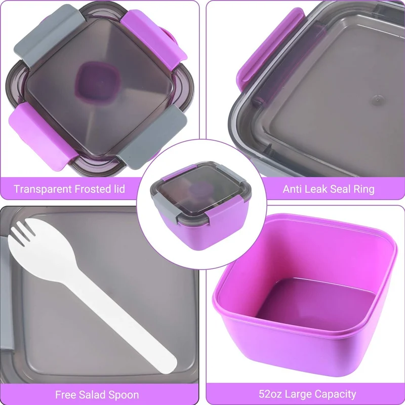 Freshmage 52-oz Lunch Container To Go - Salad Bowl With 3 Compartments and Dressing Container for Toppings, Snacks - for Men, Women (Purple)