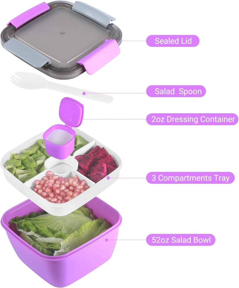 Freshmage 52-oz Lunch Container To Go - Salad Bowl With 3 Compartments and Dressing Container for Toppings, Snacks - for Men, Women (Purple)