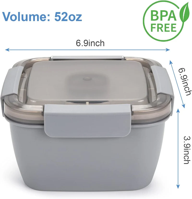 Freshmage Salad Lunch Container To Go, 52-oz Salad Bowls with 3 Compartments, Salad Dressings Container for Salad Toppings, Snacks, Men, Women (Grey)