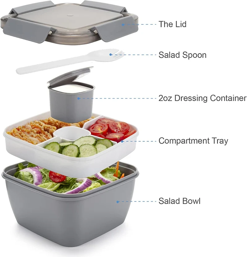 Freshmage Salad Lunch Container To Go, 52-oz Salad Bowls with 3 Compartments, Salad Dressings Container for Salad Toppings, Snacks, Men, Women (Grey)