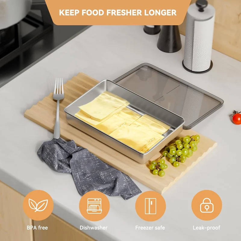 Freshmage Cheese Container for Refrigerator, Stainless Steel Airtight Deli Meat Storage Containers for Fridge Dishwasher Safe Kitchen Fridge Organizers and Storage with Elevated Base…
