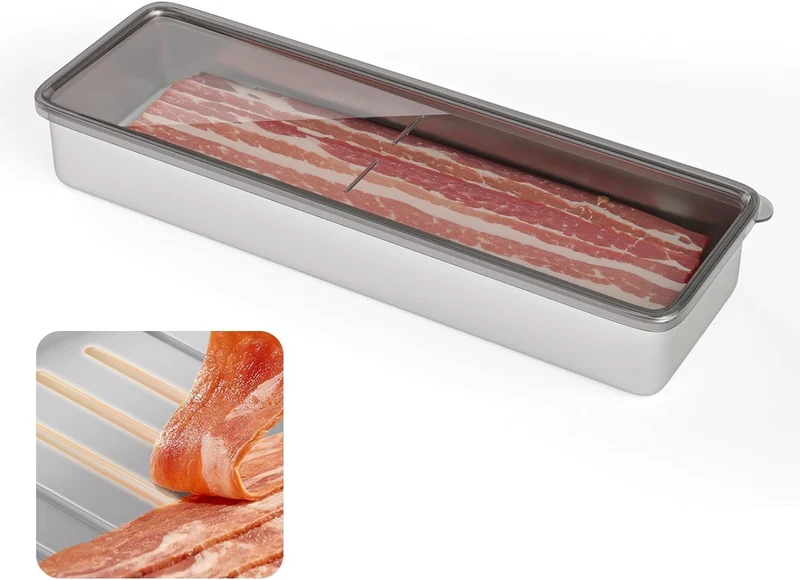 Freshmage Bacon Container for Refrigerator, 304 Stainless Steel Airtight Deli Meat Storage Container for Fridge Dishwasher Safe Long Kitchen Food Storage Containers with Lids with Elevated Base 1 PACK