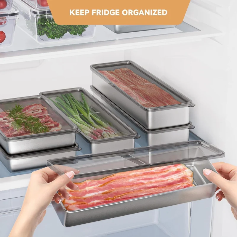 Freshmage Bacon Container for Refrigerator, 304 Stainless Steel Airtight Deli Meat Storage Container for Fridge Dishwasher Safe Long Kitchen Food Storage Containers with Lids with Elevated Base 1 PACK