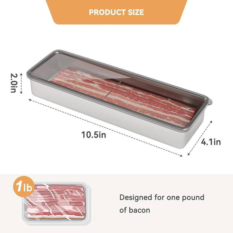 Freshmage Bacon Container for Refrigerator, 304 Stainless Steel Airtight Deli Meat Storage Container for Fridge Dishwasher Safe Long Kitchen Food Storage Containers with Lids with Elevated Base 1 PACK