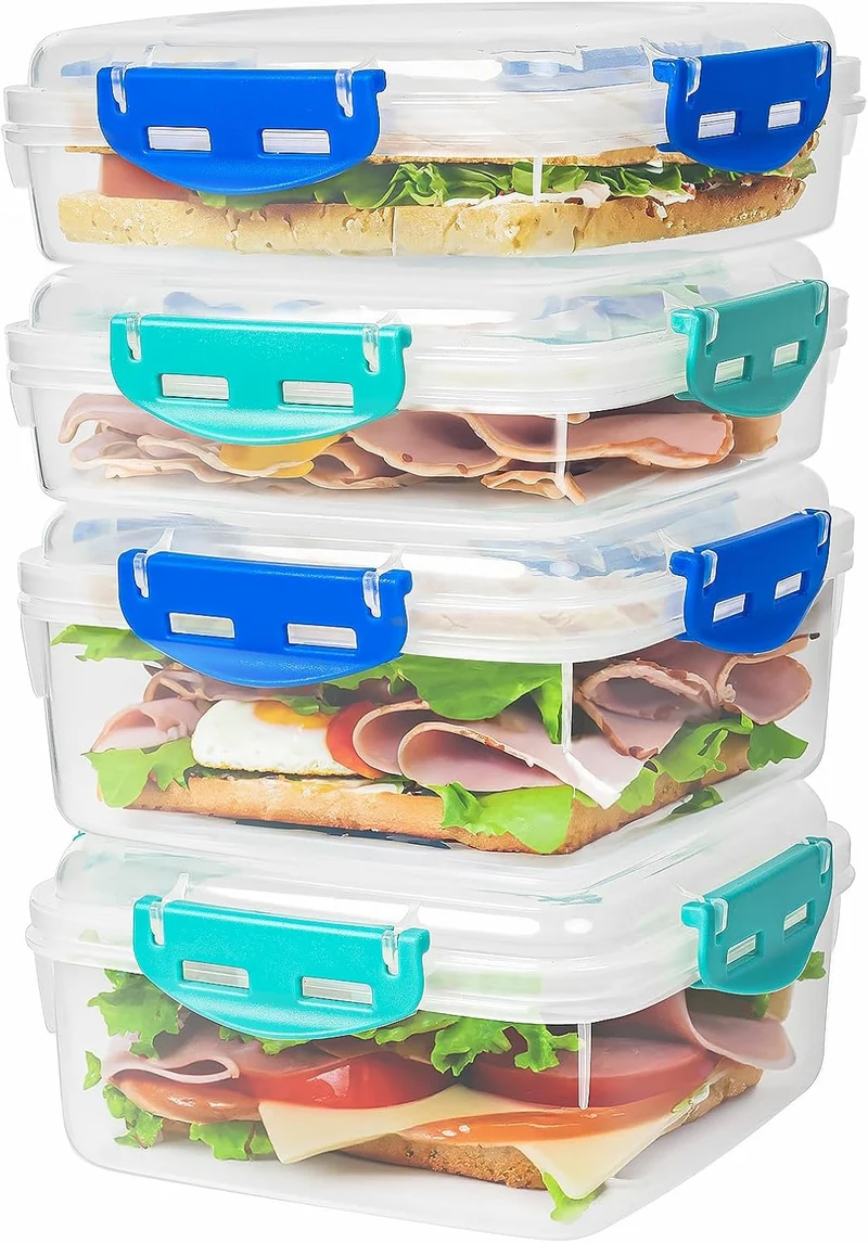 4 PCS Sandwich Containers - 100% Airtight & BPA-Free & Microwave & Dishwasher Safe Kitchen Storage Containers with Upgraded Snaps, 2 heightened Containers for Lunch Boxes and 2 normal version