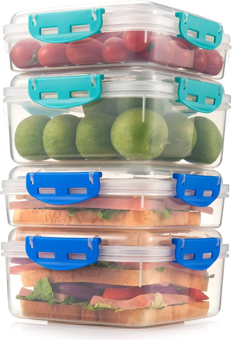 4 PCS Sandwich Containers - 100% Airtight & BPA-Free & Microwave & Dishwasher Safe Kitchen Storage Containers with Upgraded Snaps, 2 heightened Containers for Lunch Boxes and 2 normal version