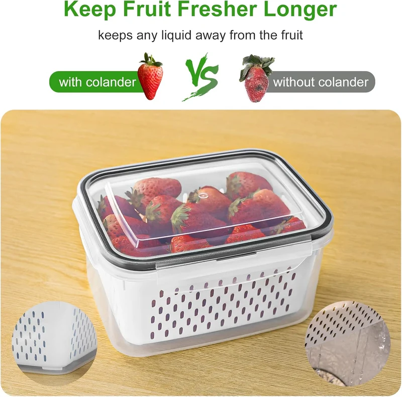 5 PCS Large Fruit Containers for Fridge - Leakproof Food Storage Containers with Removable Colander - Dishwasher & microwave safe Produce Containers Keep Fruits, Vegetables, Berry, Meat Fresh longer