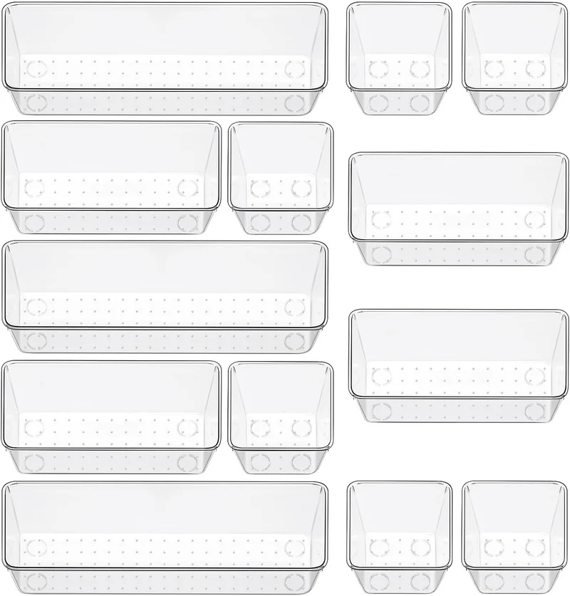 12 Piece Clear Drawer Organizer Set, 3 Sizes Bathroom Vanity Organizer Trays and Storage Bins for Makeup, Cosmetics, Jewelry, and Gadgets. Perfect for Office, Kitchen, Bedroom, Bathroom Use.