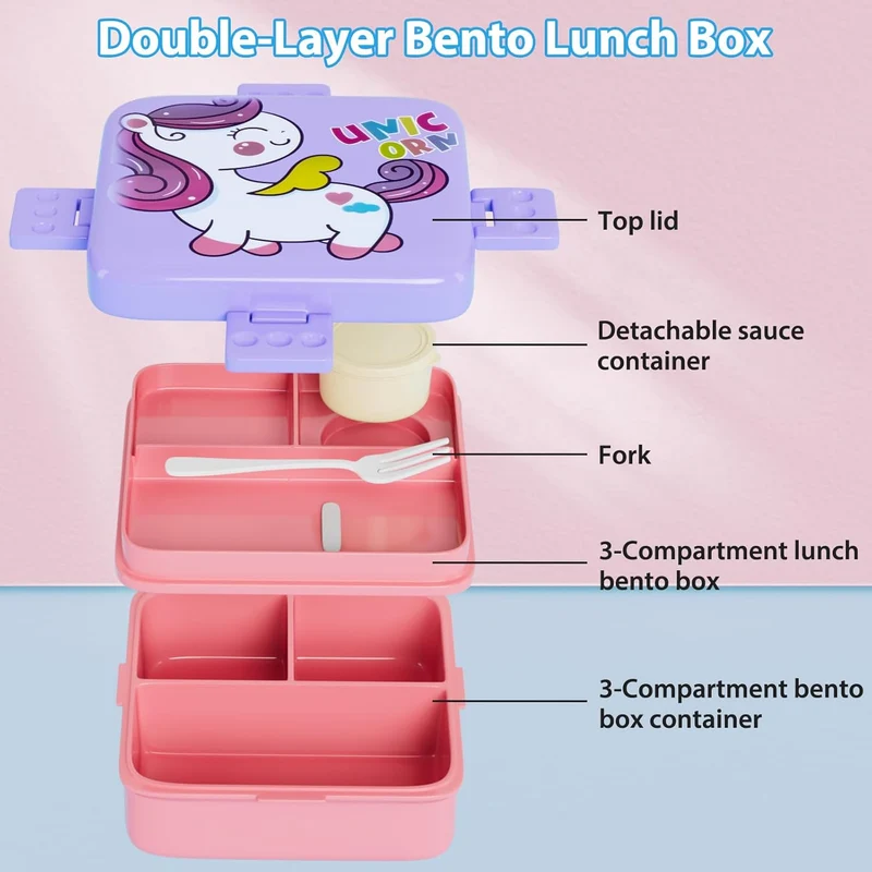 Freshmage Bento Box, Double-Layer Lunch Box Container with 3 Compartments, Large Capacity, Leakproof and BPA Free Bento Lunch Box, Durable, Drop-Proof, Dishwasher and Microwave Safe, Pink