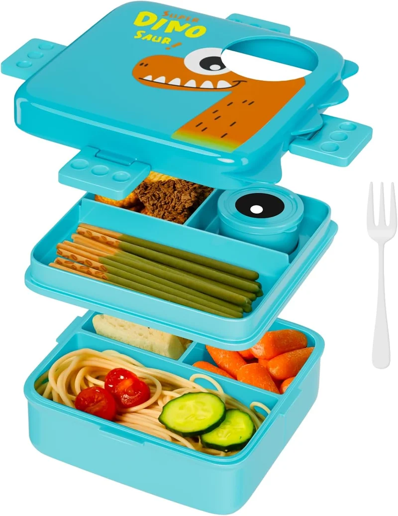 Freshmage Plastic Double-Layer Bento Box Container with 3 Compartments, Large Capacity Leakproof and BPA Free Bento Lunch Box, Durable,Drop-Proof, Dishwasher and Microwave Safe, Blue