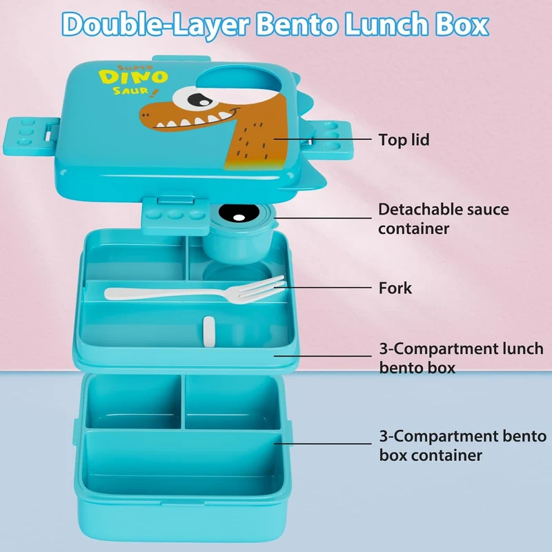 Freshmage Plastic Double-Layer Bento Box Container with 3 Compartments, Large Capacity Leakproof and BPA Free Bento Lunch Box, Durable,Drop-Proof, Dishwasher and Microwave Safe, Blue