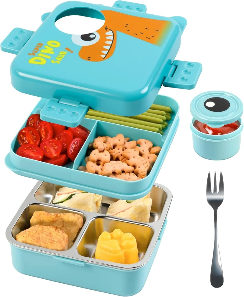 Freshmage Stainless Steel Double-Layer Bento Box Container with 3 Compartments, Large Capacity Leakproof and BPA Free Bento Lunch Box, Durable,Drop-Proof, Dishwasher Safe, Blue