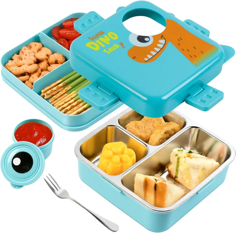 Freshmage Stainless Steel Double-Layer Bento Box Container with 3 Compartments, Large Capacity Leakproof and BPA Free Bento Lunch Box, Durable,Drop-Proof, Dishwasher Safe, Blue