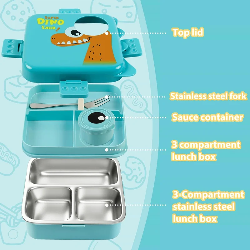 Freshmage Stainless Steel Double-Layer Bento Box Container with 3 Compartments, Large Capacity Leakproof and BPA Free Bento Lunch Box, Durable,Drop-Proof, Dishwasher Safe, Blue