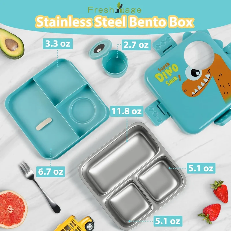 Freshmage Stainless Steel Double-Layer Bento Box Container with 3 Compartments, Large Capacity Leakproof and BPA Free Bento Lunch Box, Durable,Drop-Proof, Dishwasher Safe, Blue