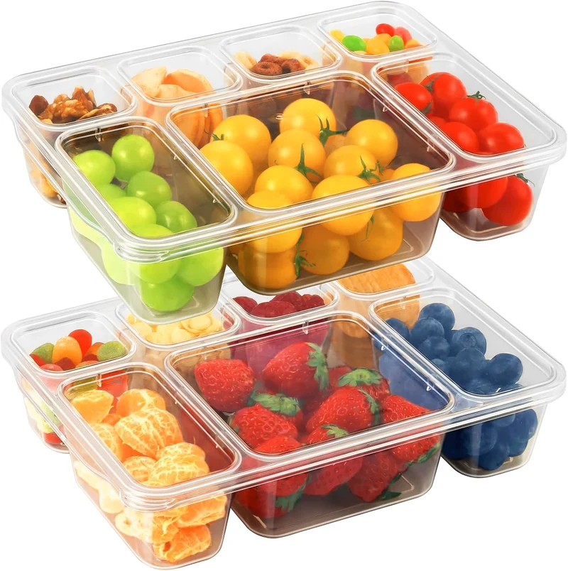 Freshmage Snackle Box Container - 2 Pack, 7 Compartment Divided Serving Tray with Lid, Portable Clear Snack Box Containers for Candy, Fruits, Nuts, and Snacks – Perfect for Travel, Parties, Picnics