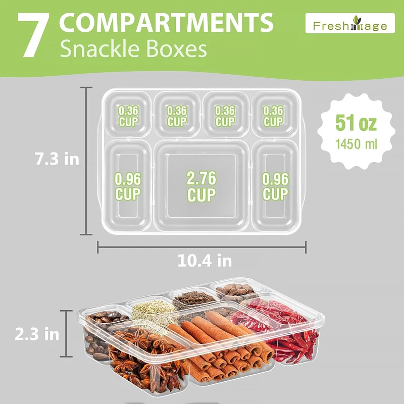 Freshmage Snackle Box Container - 2 Pack, 7 Compartment Divided Serving Tray with Lid, Portable Clear Snack Box Containers for Candy, Fruits, Nuts, and Snacks – Perfect for Travel, Parties, Picnics