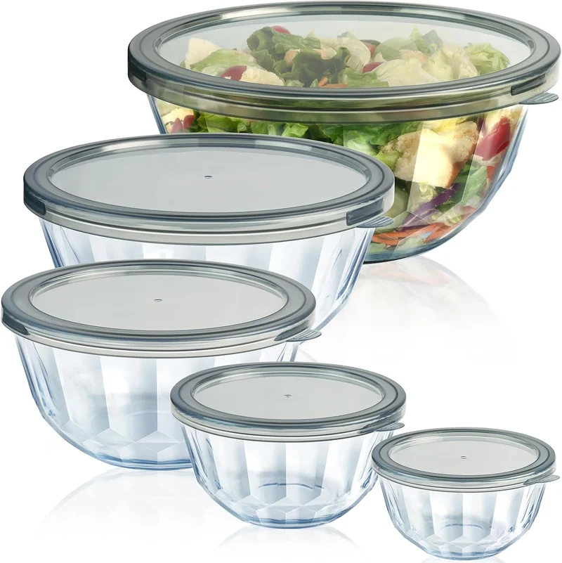 Glass Mixing Bowls with Lids Sets, 5 Packs Thick Glass Nesting Bowls for Kitchen Baking, Meal Prepping, Bpa Free, Dishwasher Safe, 0.5/0.8/1.6/2.7/4.4 Qt