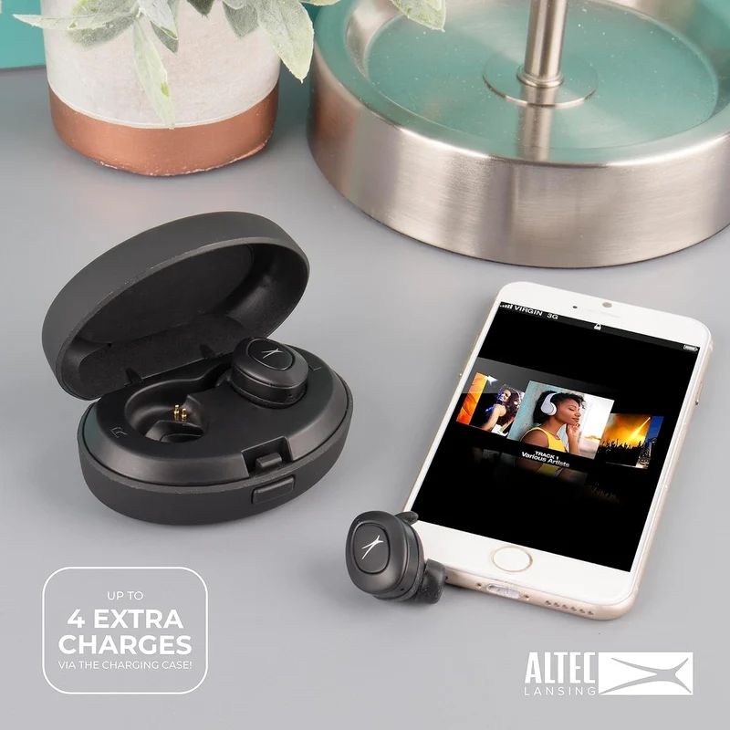 Altec Lansing True Evo+ Truly Wireless Earphones, 4 Hours of Battery Life, Receive Up to 4 Charges on The Go, Access Siri or Google Voice Assistant via Bluetooth Through Your Smartphone, MZX659-BLK