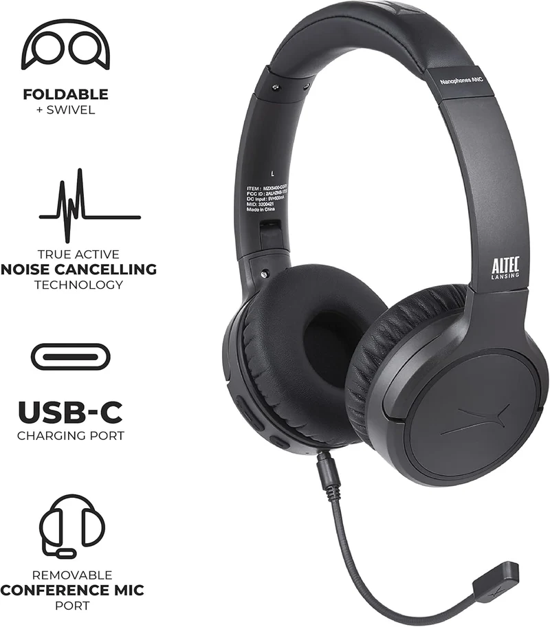 Altec Lansing Nanophones ANC Bluetooth Wireless Active Noise Cancelling Headphones On Ear Headphones 12 Hour Battery Life, Foldable Earcups, Removeable Mic for Working and Learning from Home (Grey)