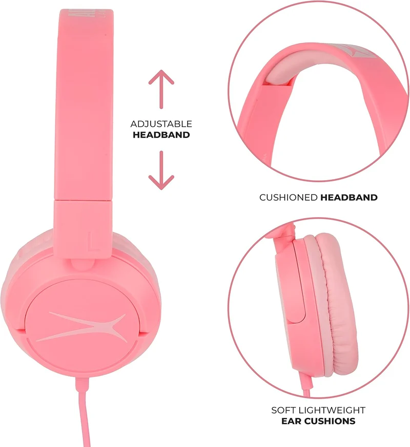 Altec Lansing Over The Ears Kids Headphones - Wired - Volume Limiting Technology for Developing Ears, Ages 6-9, Perfect for Learning from Home, Pink