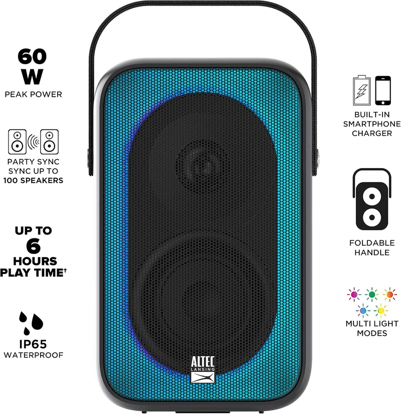 Altec Lansing Shockwave Wireless Speaker 60W Bluetooth speakerwith a Long Lasting 6 Hour Battery, Multi LED Party Modes, Multiple bass Boost Modes, Party Sync