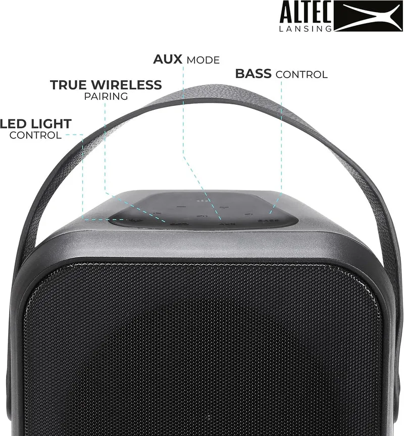 Altec Lansing Shockwave Wireless Speaker 60W Bluetooth speakerwith a Long Lasting 6 Hour Battery, Multi LED Party Modes, Multiple bass Boost Modes, Party Sync
