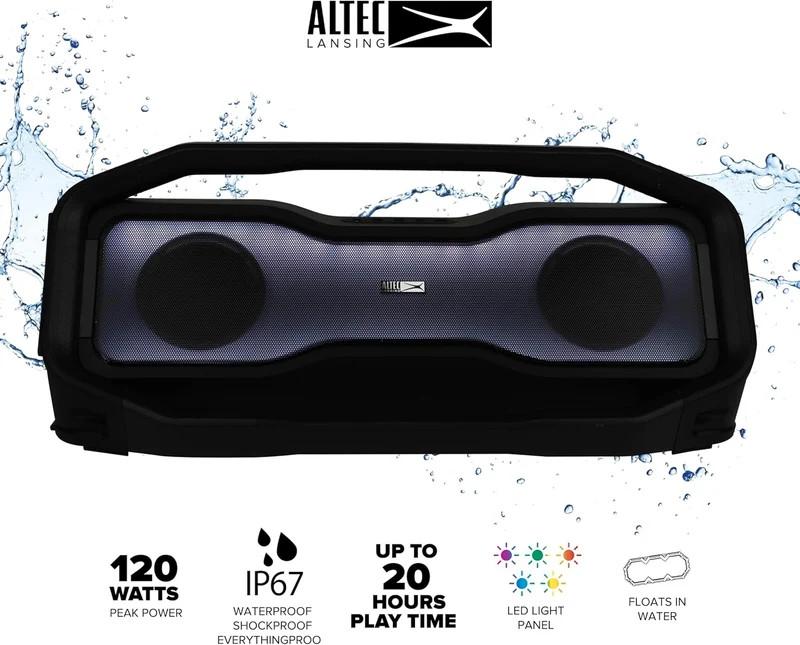 Altec Lansing Rockbox XL 2.0 Portable Bluetooth Wireless Speakers with Led Lights, IP67 Waterproof and Durable for Outdoor, 20 Hours Battery with App Control