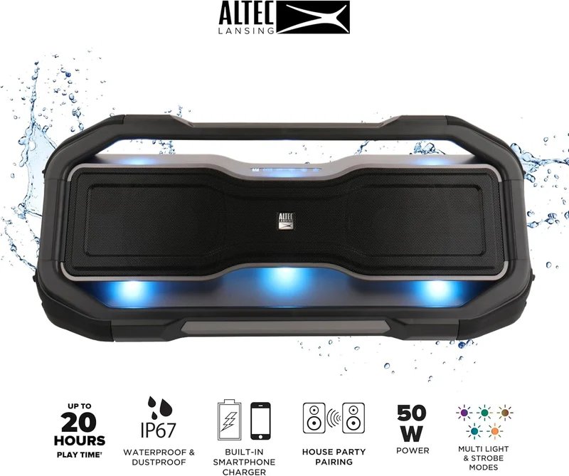 Altec Lansing ROCKBOX XL Wireless Bluetooth Speaker, Portable Waterproof Speaker with 20 Hour Playtime and 5 Illuminating LED Light Modes, Floating Wireless for Indoors and Outdoors