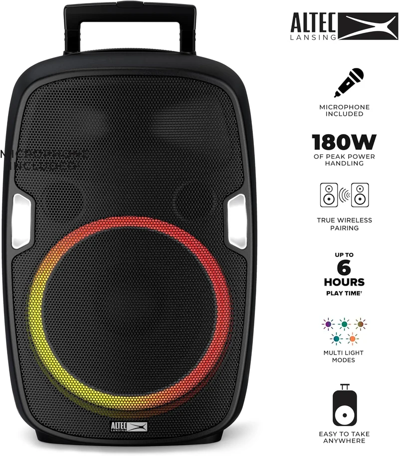 Altec Lansing SoundRover Wireless Trolley Bluetooth Speaker with Microphone, Rechargeable System Speaker for Parties, Karaoke DJ with Led Lights and USB Smartphone Charger