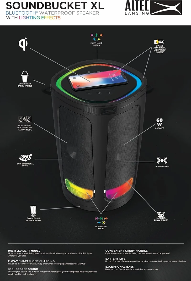 Altec Lansing Soundbucket XL - Waterproof Bluetooth Speaker with Customizable LED Lights, Qi Wireless Charging, 20 Hours Playtime & 100 Foot Range Visit the Altec Lansing Store
