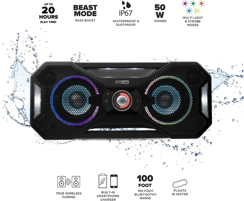 Altec Lansing Mix 2.0 - Waterproof Bluetooth Speaker with Strong Bass, Portable Speaker for Travel & Outdoor Use, 100 Foot Range & 20 Hour Playtime, Black