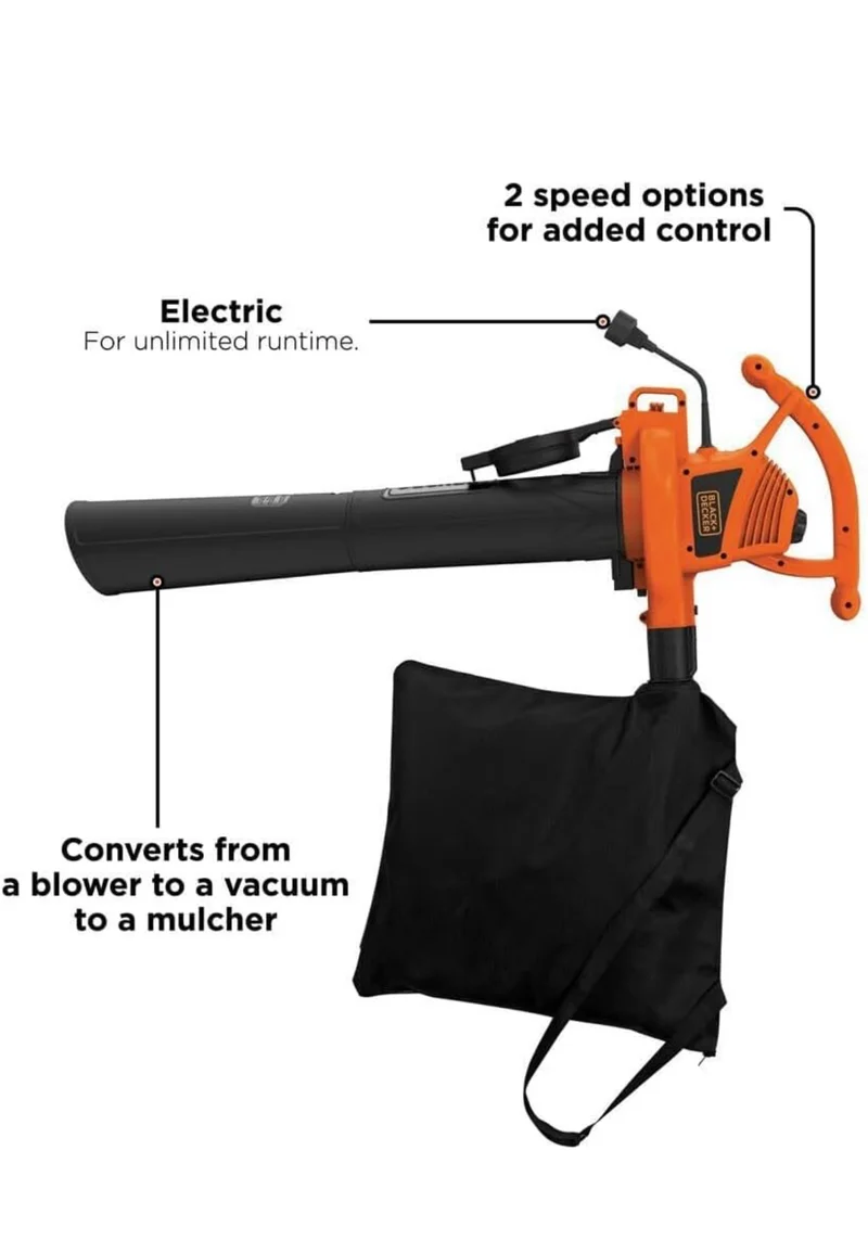 BLACK+DECKER 3-in-1 Electric Leaf Blower, Leaf Vacuum, Mulcher, 12-Amp (BV3100)