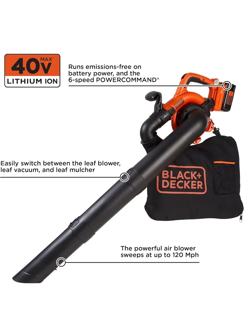 BLACK+DECKER 40V Cordless Leaf Blower Leaf Vacuum Combo Kit, 120 mph Air Speed, 6-Speed Dial, Built-in Scraper, with Collection Bag, Battery and Charger Included (LSWV36)